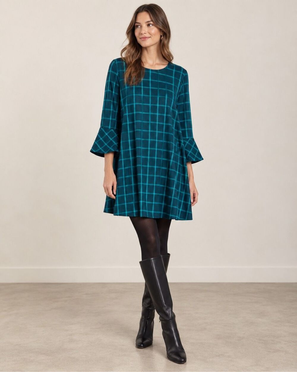 Tuckernuck Chambers Aegean Teal Windowpane Plaid Swing Mini Dress Size L